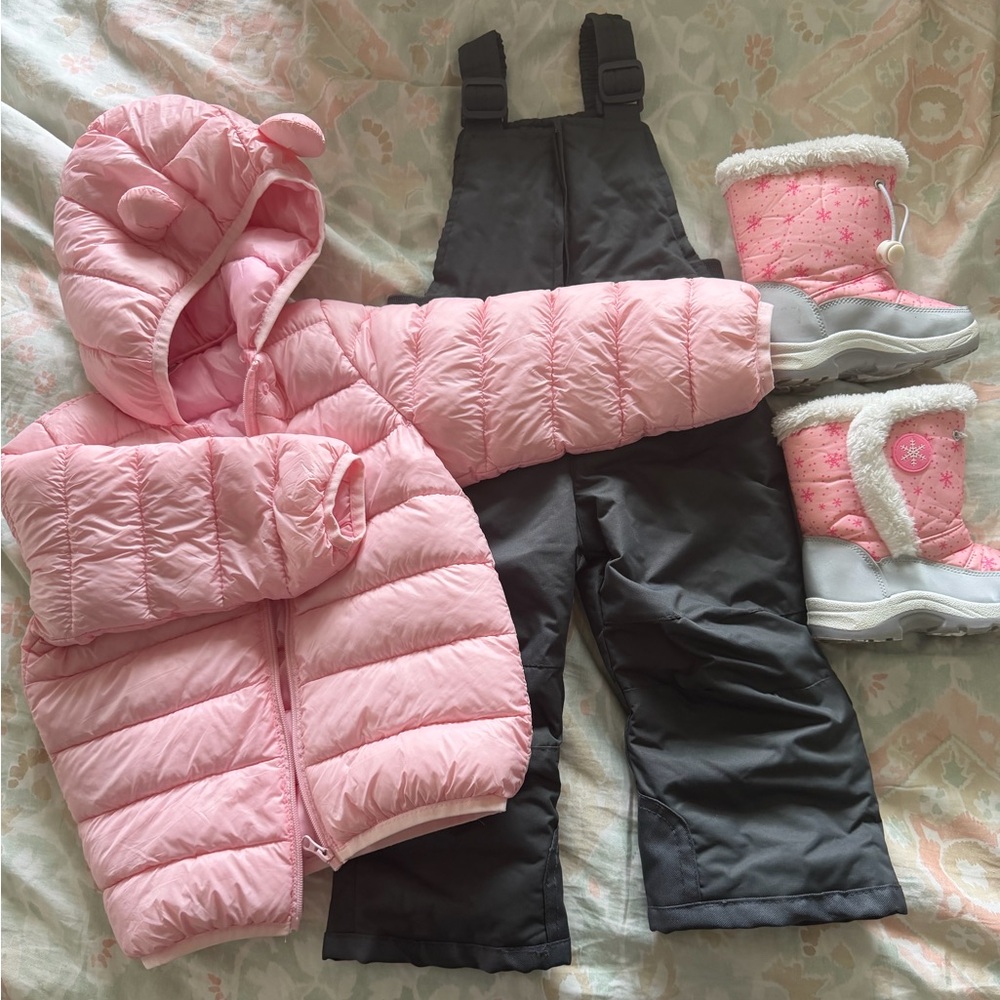 Kids Pink Puffer Jacket, Arctix Snow Pants, and Pink Snow Boots Set